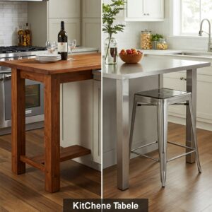 Comparison of wooden and metal counter height kitchen table and chairs options.