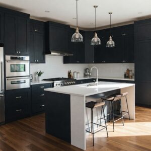 Open-concept kitchen showcasing dark kitchen cabinets with island in a contrasting light color.