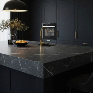 Sophisticated dark kitchen island with marble top in a stylish grey shade, adding a touch of drama.