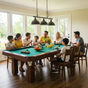 Family enjoying a meal around a spacious pool table kitchen table, highlighting its practical dining use.