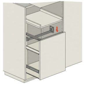 "Simplified illustration of the dropdown shelf mechanism within tall kitchen cabinets with dropdown shelf."