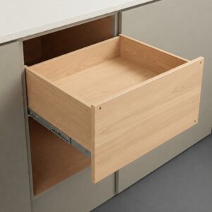 "Extended dropdown shelf in tall kitchen cabinets with dropdown shelf, showing its smooth operation."