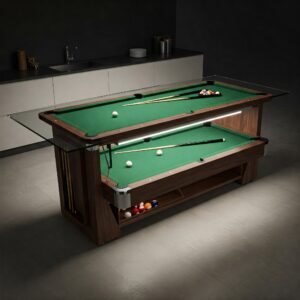Innovative dual-use pool table kitchen table design, showing both its dining surface and pool playing area simultaneously.