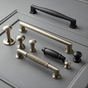 Selection of elegant hardware options for European kitchen cabinets.