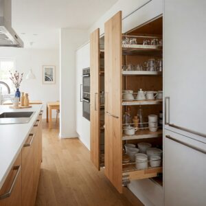 Smart storage solutions integrated within European kitchen cabinets for optimal organization.