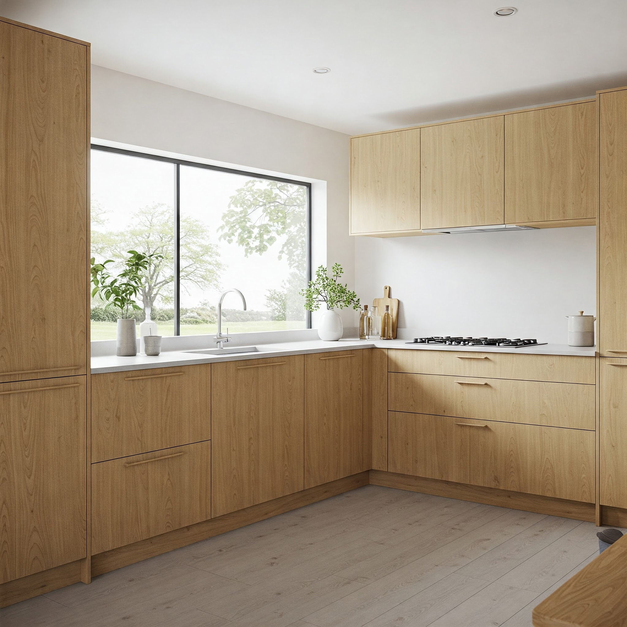 Elegant European kitchen cabinets with a modern design and natural light.