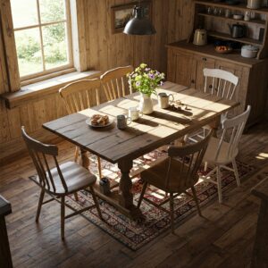Overhead perspective of a complete farmhouse kitchen table and chairs arrangement.