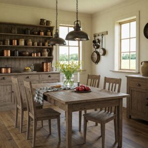 farmhouse kitchen table and chairs complemented by rustic decor and pendant lighting.