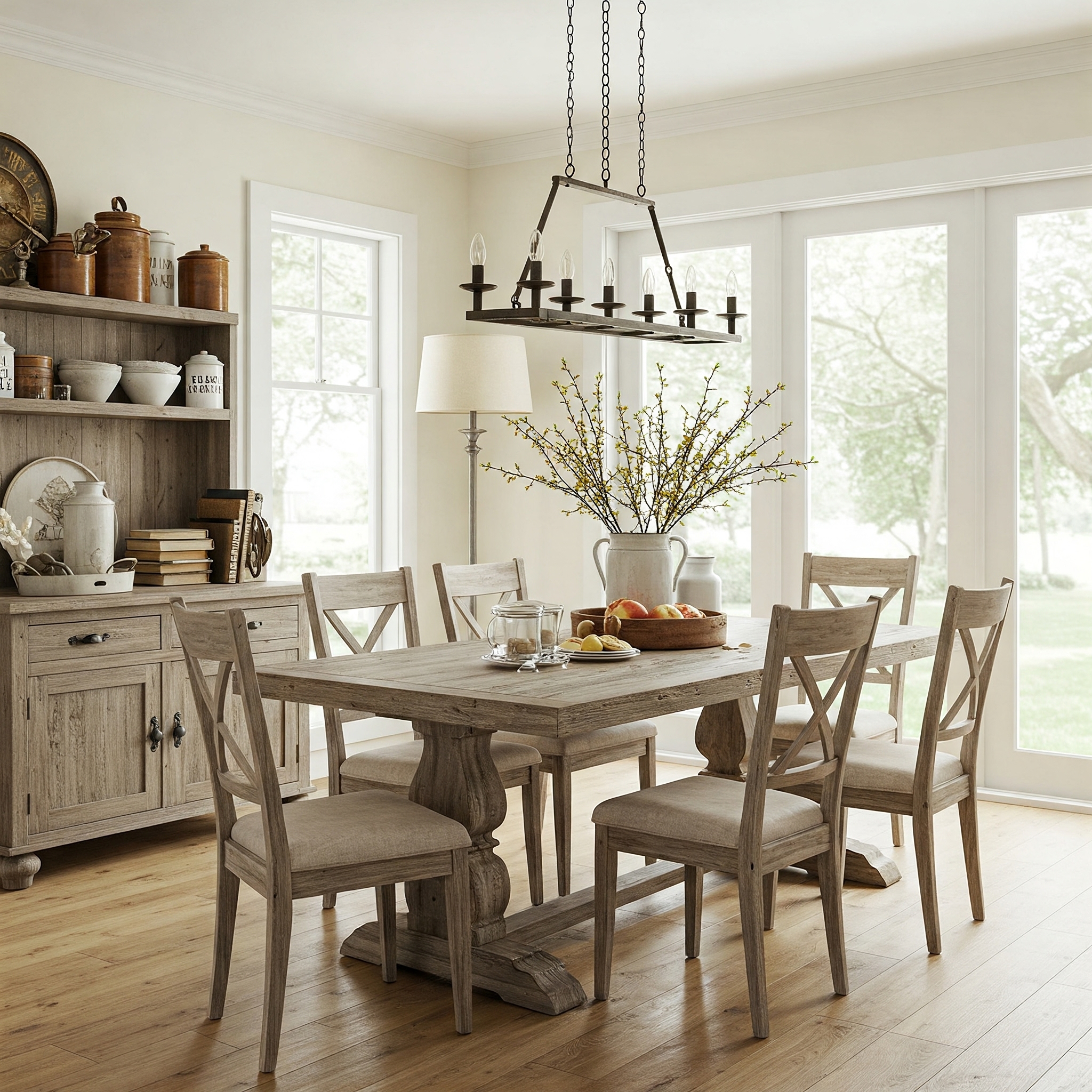 farmhouse kitchen table and chairs rustic in a bright, airy dining space.