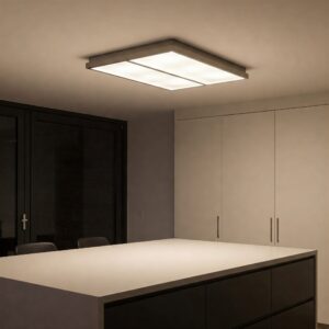 Modern flush mount lighting providing ambient light for a kitchen island, another example of modern kitchen island lighting.