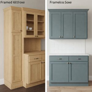 Visual comparison highlighting the differences between framed and frameless kitchen cabinets construction.