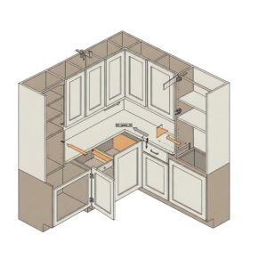 Detailed illustration showing the construction of frameless kitchen cabinets without a face frame.