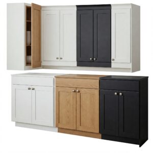 Various style options for frameless kitchen cabinets, including slab and shaker door designs.