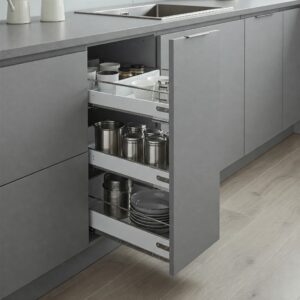Modern gray kitchen cabinets with convenient pull-out drawers and organizers.
