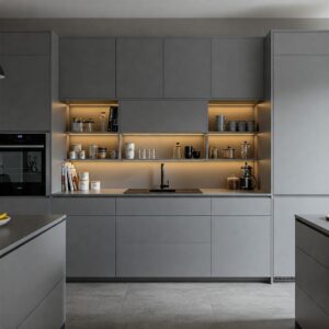 Modern gray kitchen cabinets featuring stylish open shelving units.