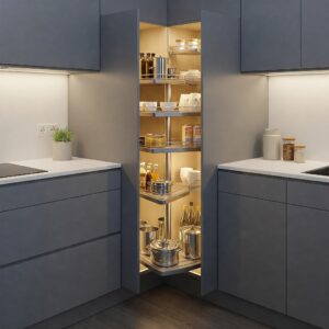 Efficient corner cabinet design in a modern gray kitchen.