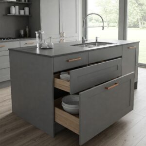 Modern gray kitchen island with modern gray kitchen cabinets storage space. 