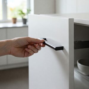 A hand gripping a Modern Kitchen Cabinet Pulls to open a cabinet.