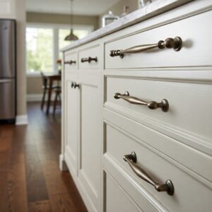 Various hardware styles showcased on antique white kitchen cabinets, illustrating customization possibilities.