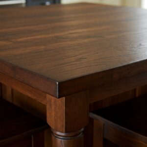 Detailed view of the rich stain on a wooden kitchen island tabletop with visible leg support, showcasing ideas stained wood kitchen island table with legs.