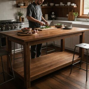A functional ideas stained wood kitchen island table with legs being used for food preparation and casual dining.