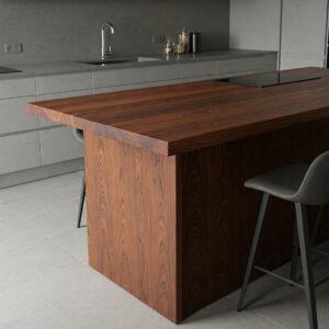 Ideas stained wood kitchen island table with legs integrated into a modern kitchen design.