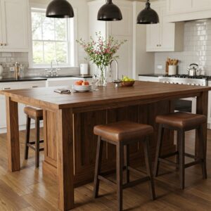 Ideas stained wood kitchen island table featuring supportive legs and comfortable bar stool seating.