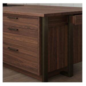 Ideas for stained wood kitchen island tables with legs and built-in storage compartments.