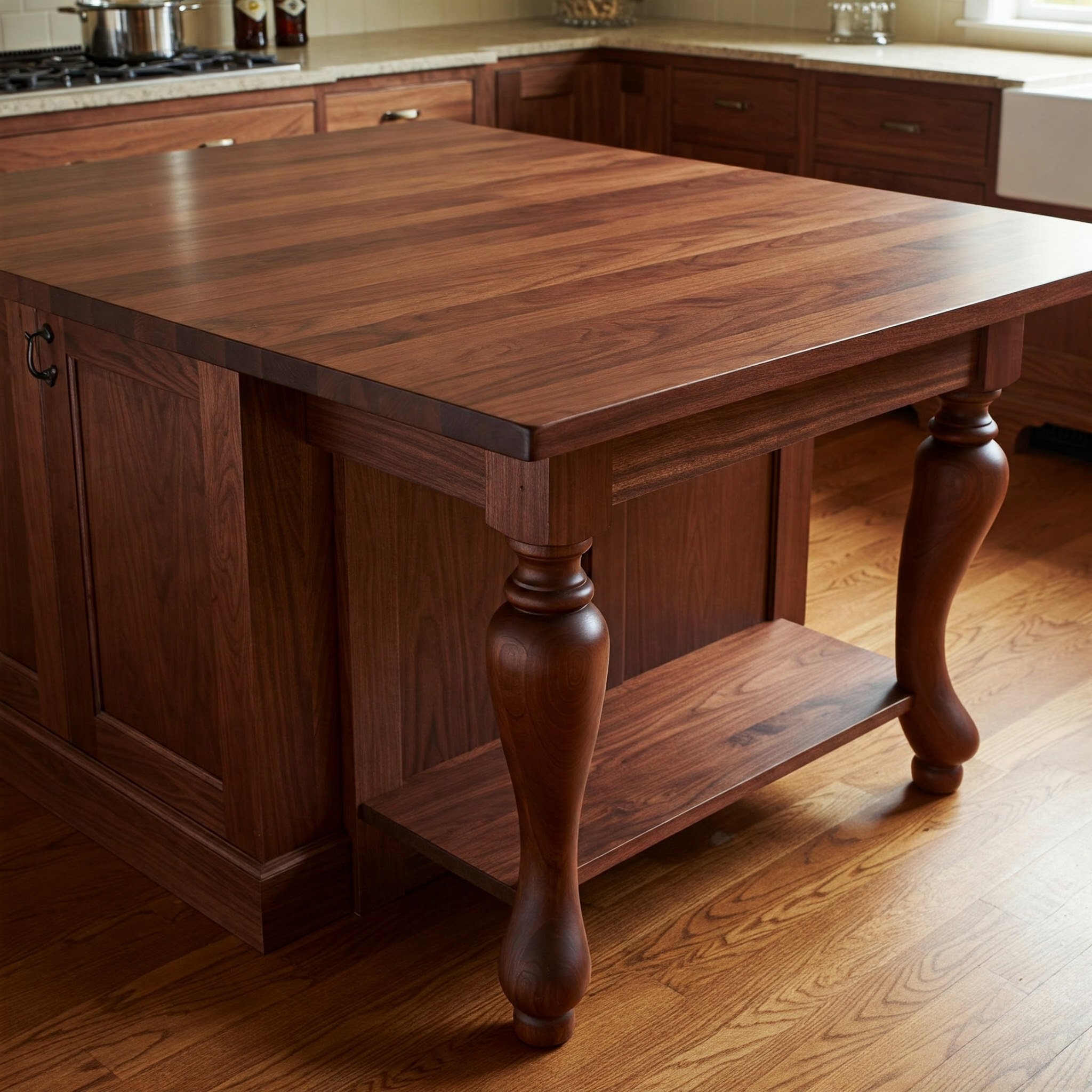 Beautiful ideas stained wood kitchen island table with legs, offering both style and functionality.