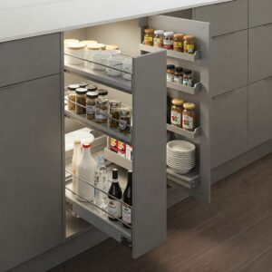 Inside view of an inset kitchen cabinet revealing smart and organized storage solutions for Inset Kitchen Cabinets.