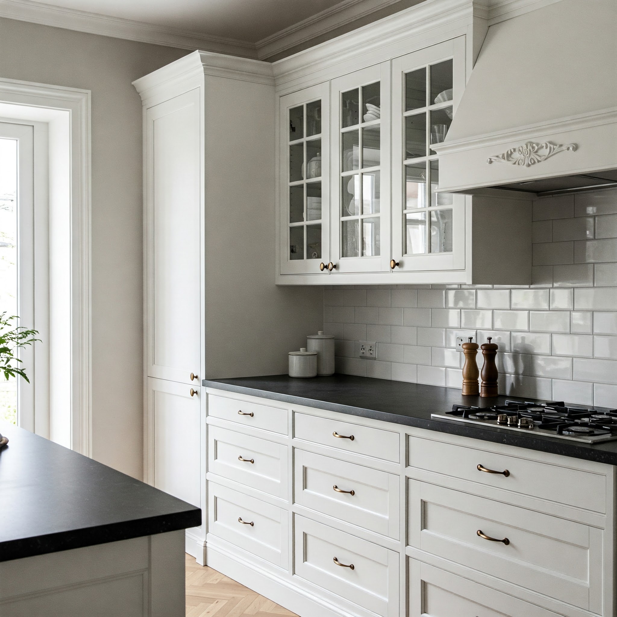 A beautifully designed Inset Kitchen Cabinets featuring classic white cabinets with clean lines and a timeless aesthetic.