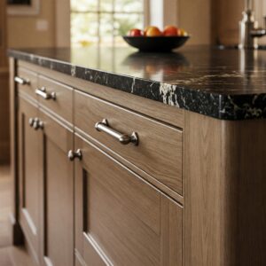 Detailed view of hardware on kitchen cabinets with island and the countertop surface.
