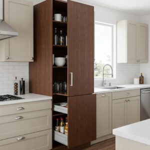 "Tall kitchen cabinets with dropdown shelf integrated into a modern kitchen design."