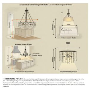 Diagram illustrating the ideal installation height for a kitchen island chandelier for optimal lighting.