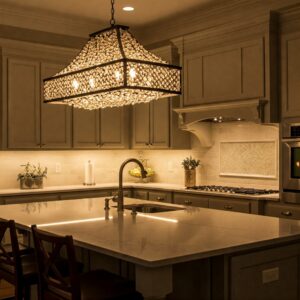 Kitchen island lighting layers with a chandelier providing ambient and task light.