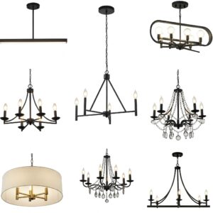 Different material and finish options for kitchen island chandeliers, such as metal, glass, and wood.
