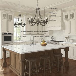 Illustration showing the proper size and proportion of a chandelier above a kitchen island.