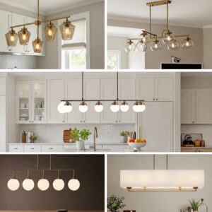 Various kitchen island chandelier styles, including pendant, linear, and drum designs.