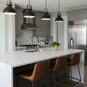 A functional kitchen cabinets with island design featuring comfortable seating and stylish pendant lights.