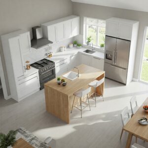 Overhead view of a kitchen cabinets with island layout, highlighting efficient workflow.