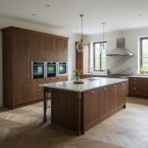 Spacious kitchen design featuring elegant Inset Kitchen Cabinets, demonstrating their suitability for larger layouts.
