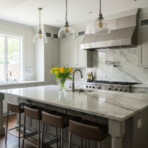 Spacious large kitchen island with marble top and comfortable seating for family and guests. 