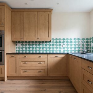 Light brown kitchen cabinets complemented by a stylish backsplash tile design.