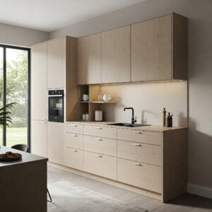Light brown kitchen cabinets with integrated open shelving for display.