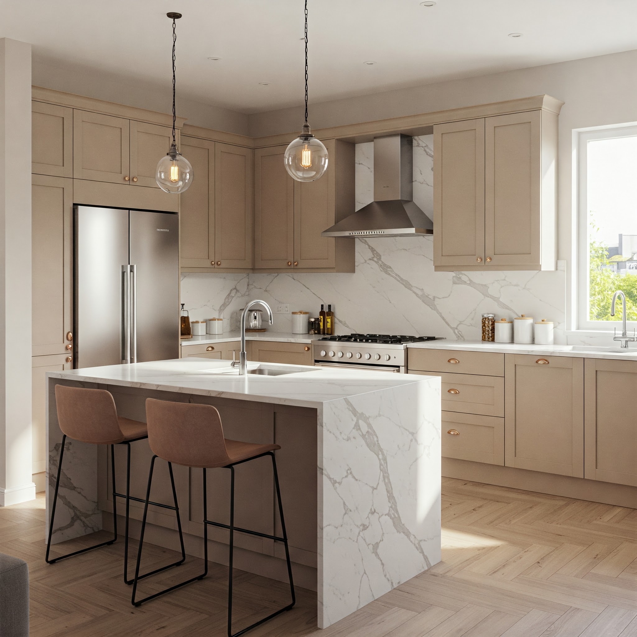 Modern kitchen featuring stylish light brown kitchen cabinets and a bright, airy design.