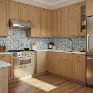 Classic shaker-style kitchen with light brown kitchen cabinets. 