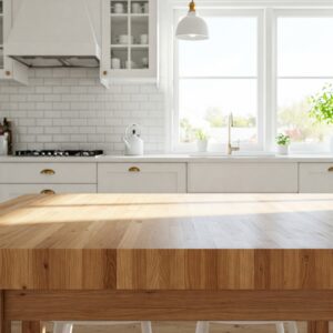Light wood butcher block kitchen table enhancing a bright and airy kitchen design.