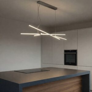 Contemporary linear suspension lighting for a kitchen island, a style of modern kitchen island lighting.