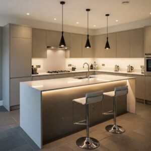 Modern kitchen island showcasing a combination of different lighting styles, demonstrating varied modern kitchen island lighting approaches.