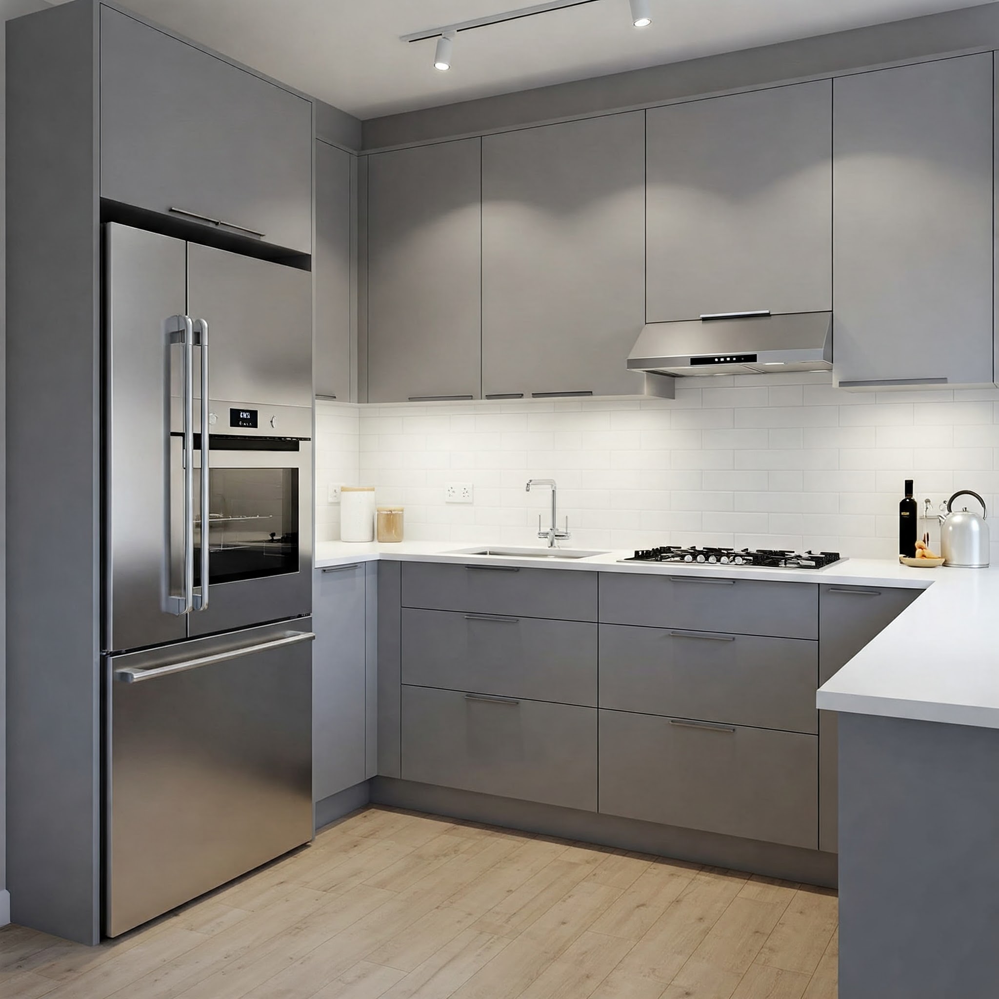 Sleek modern gray kitchen cabinets with stainless steel appliances and minimalist design.